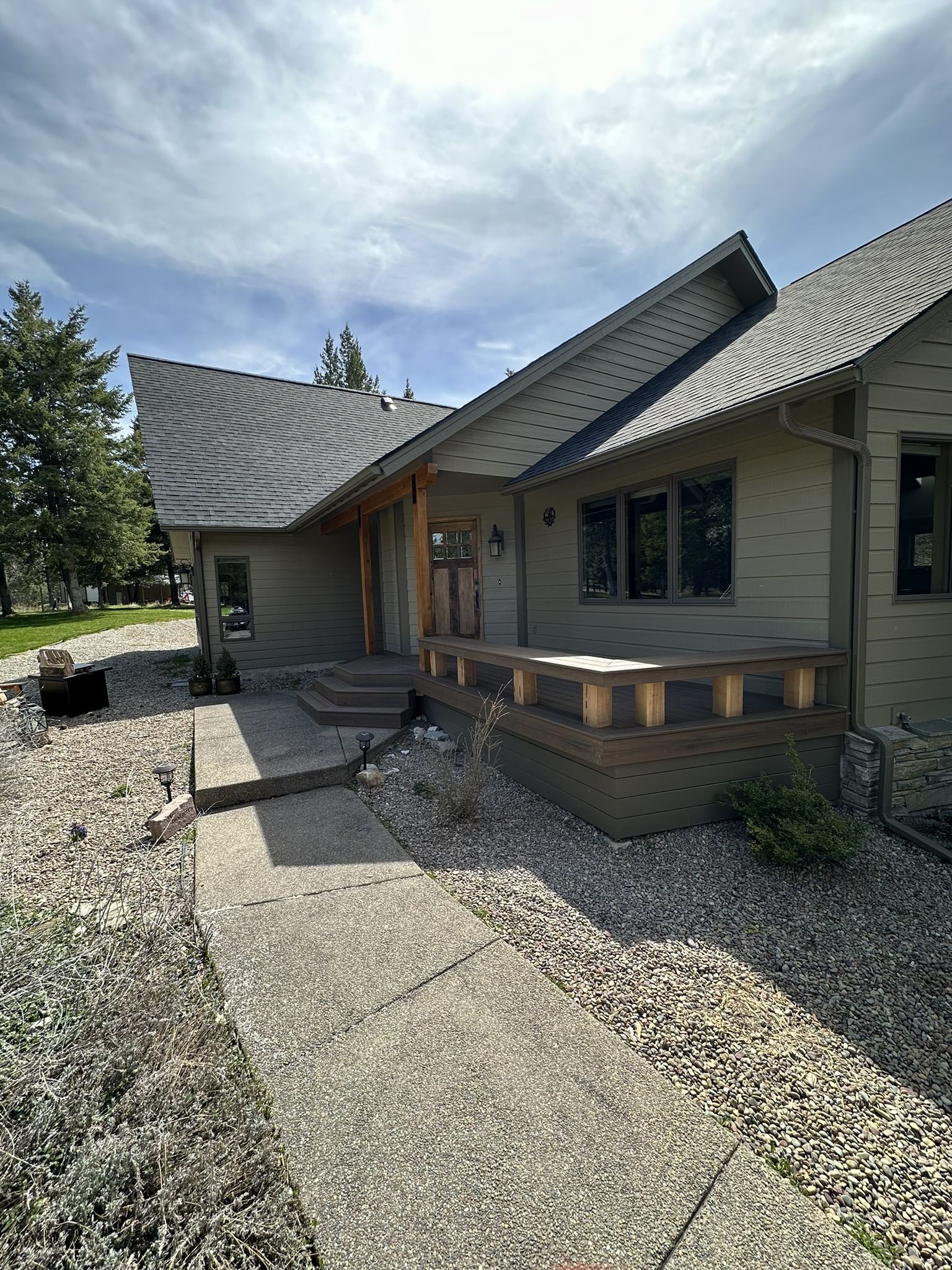 Newly built home exterior with stone accents in the Flathead Valley